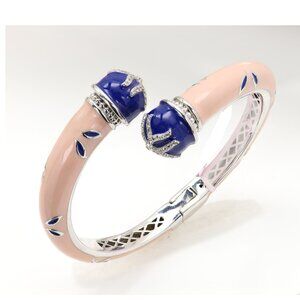 Sterling Silver Large Bangle Cuff Bracelet Pink and Blue Enamel Quartz stones